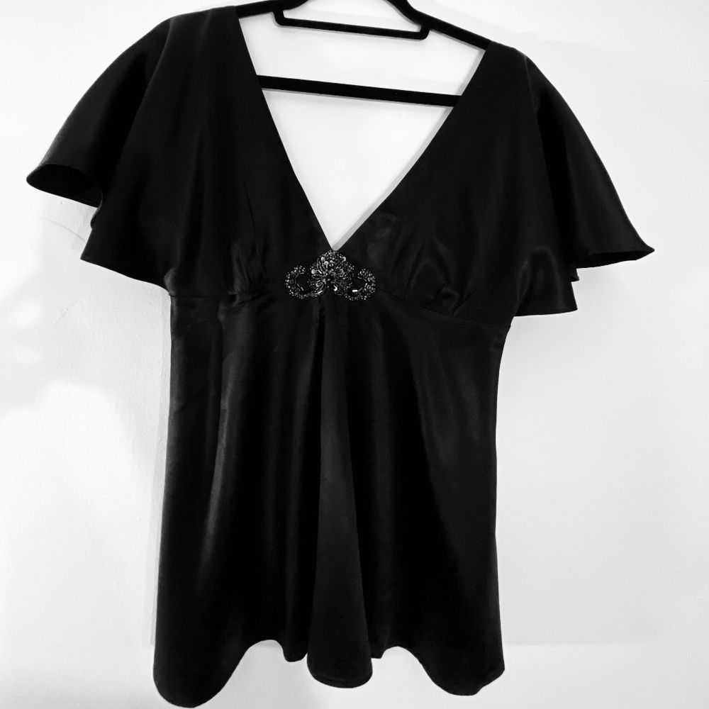 Zara short sleeve silk blk shirt w beaded accent